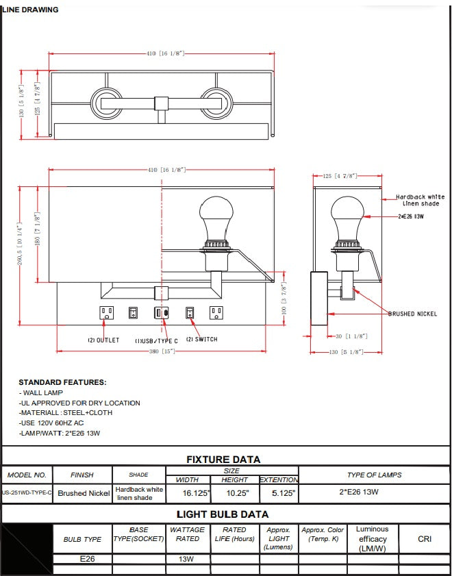 Double Wall Sconce for Double Bed-Hotel- 13W Acrylic Shade