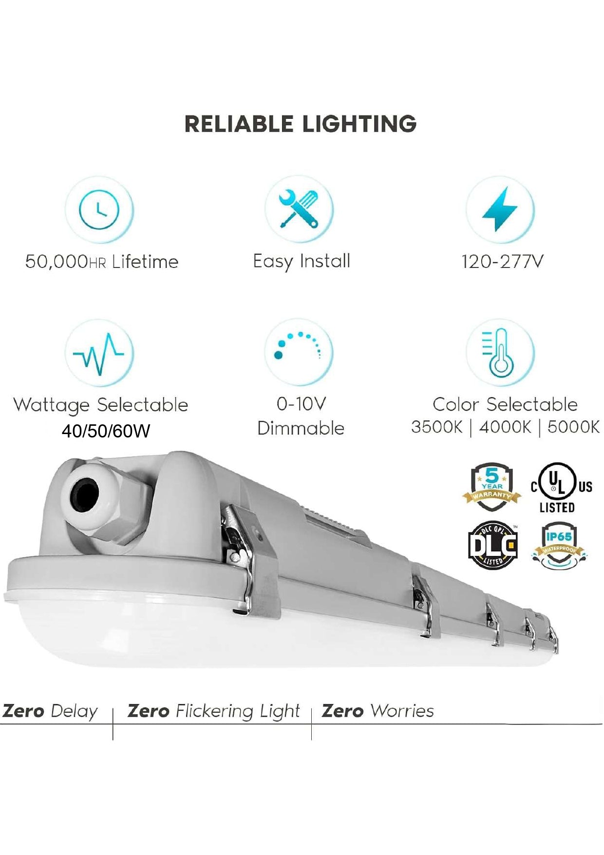 4FT LED Vapor Tight Light 40/50/60W - 3000K/4000K/5000K Selectable Wattage & CCT AC 120~277V (1Pack or 6Pack)