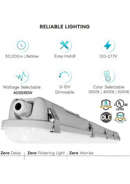 4FT LED Vapor Tight Light 40/50/60W - 3000K/4000K/5000K Selectable Wattage & CCT AC 120~277V (1Pack or 6Pack)